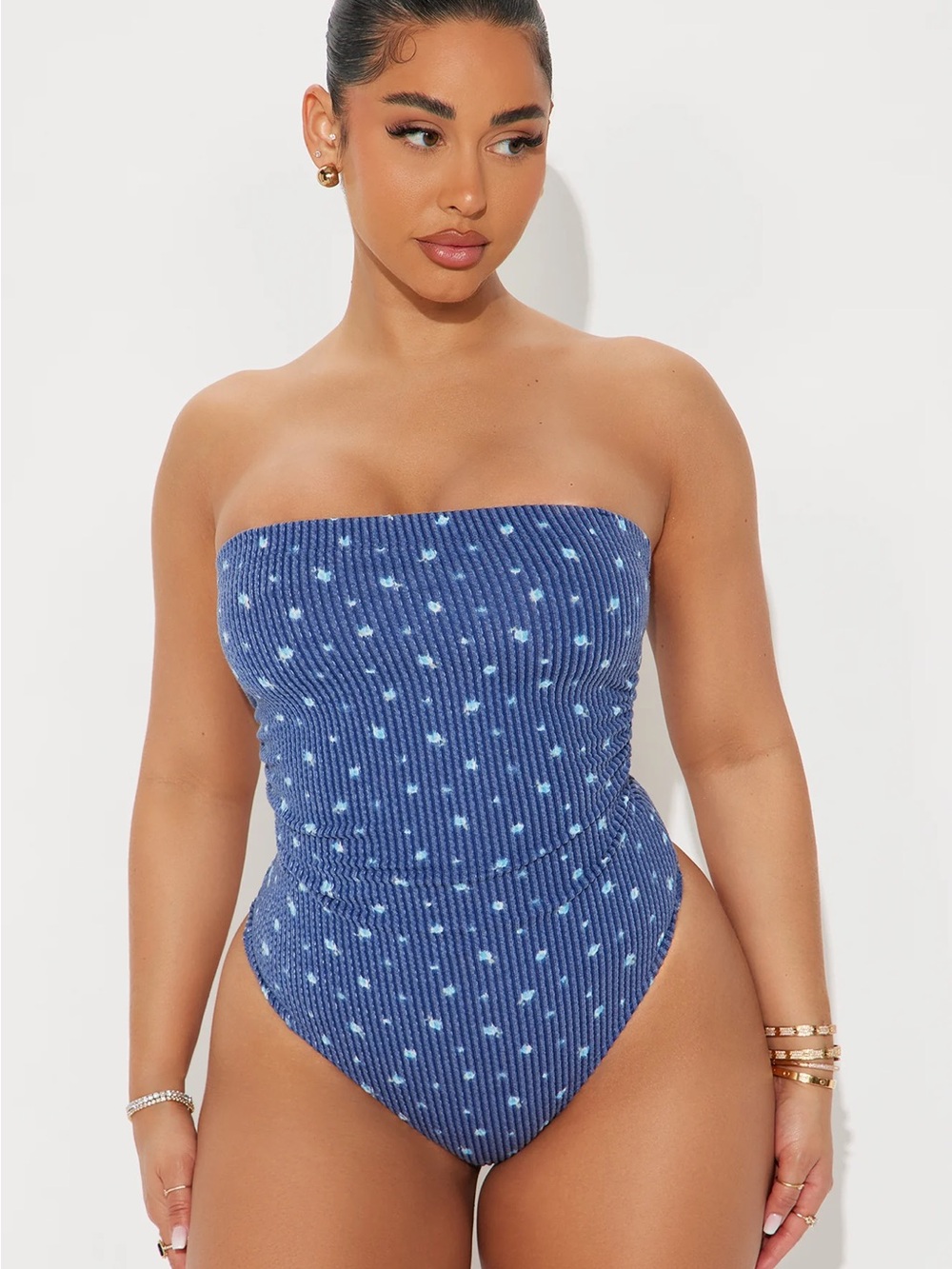 Blue Strapless Ribbed One-Piece Swimsuit